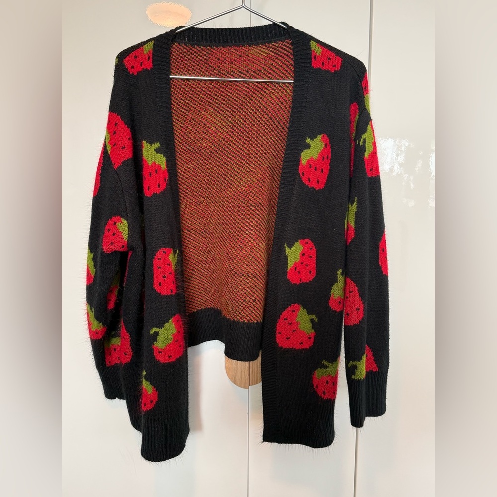 Black Cardigan with Red Strawberry Design